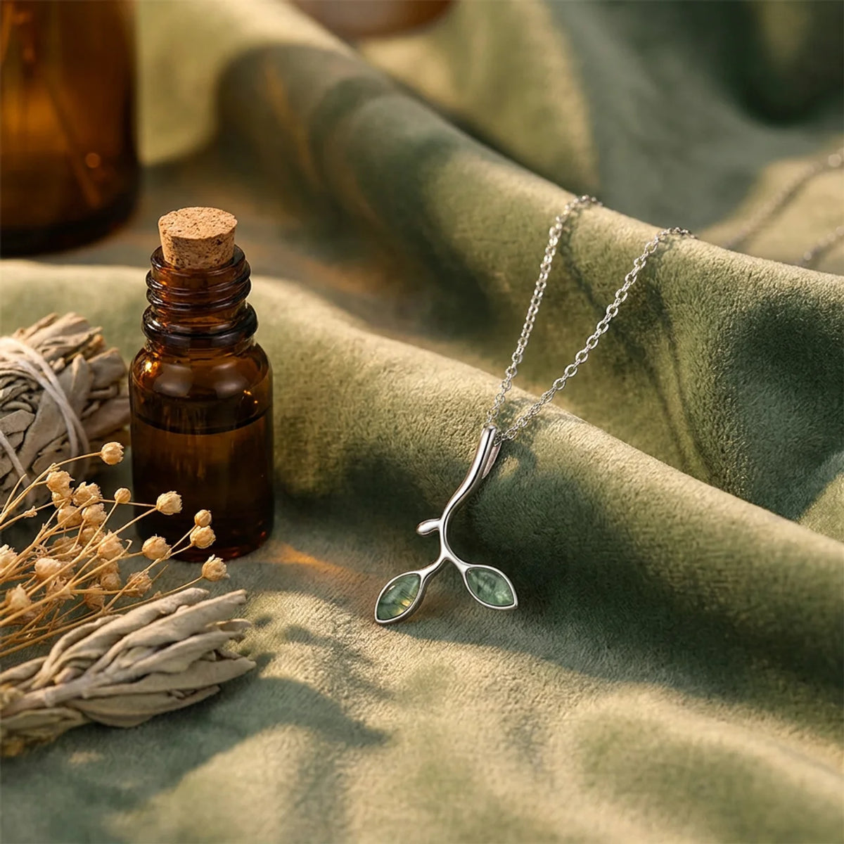 Natural Moss Agate Leaf Pendant Necklace