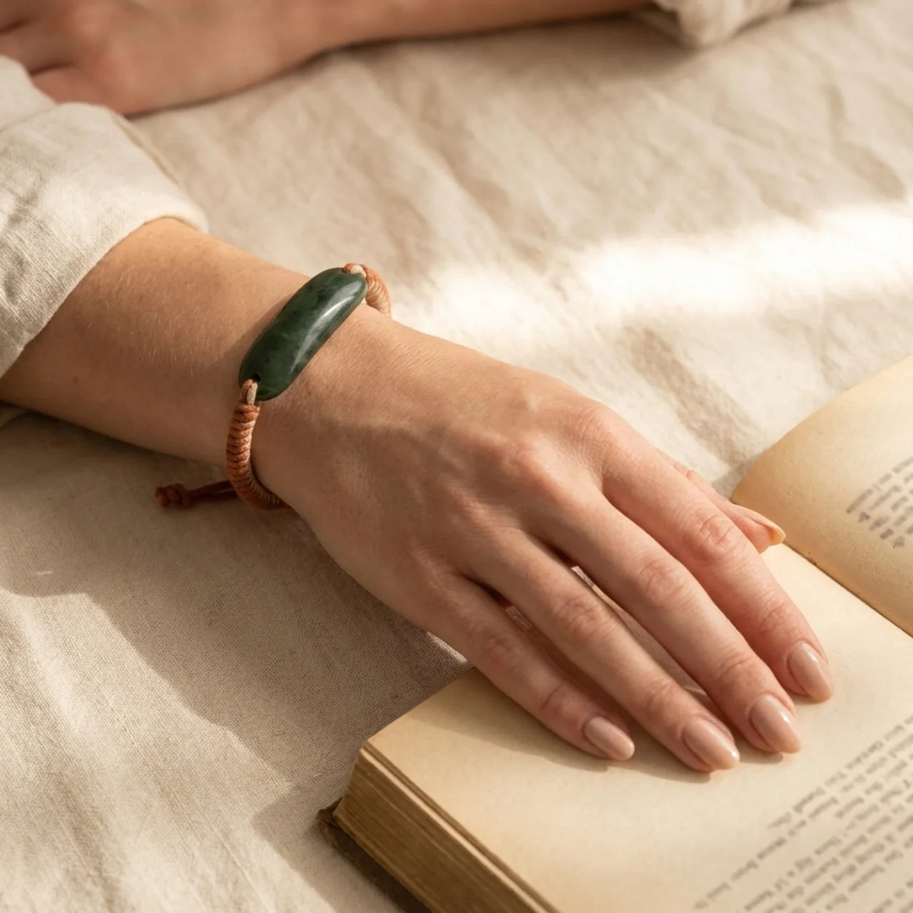 Natural Nephrite Jade Curved Bar Macrame Bracelet