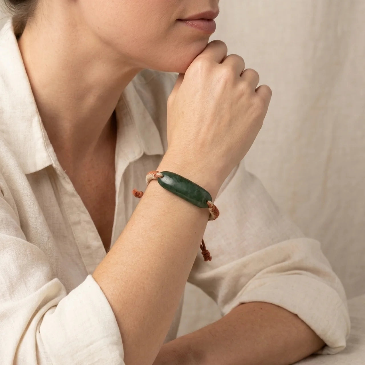 Natural Nephrite Jade Curved Bar Macrame Bracelet