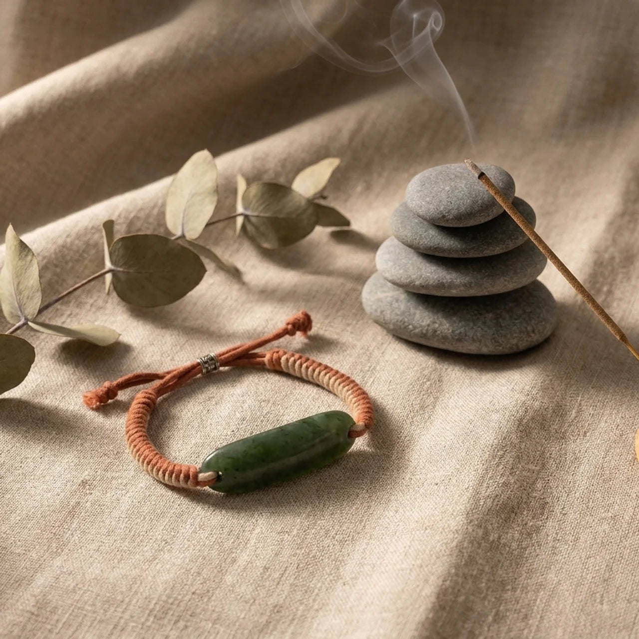 Natural Nephrite Jade Curved Bar Macrame Bracelet