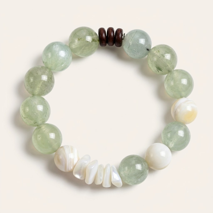Bracelet naturel en perles de préhnite et coquillage