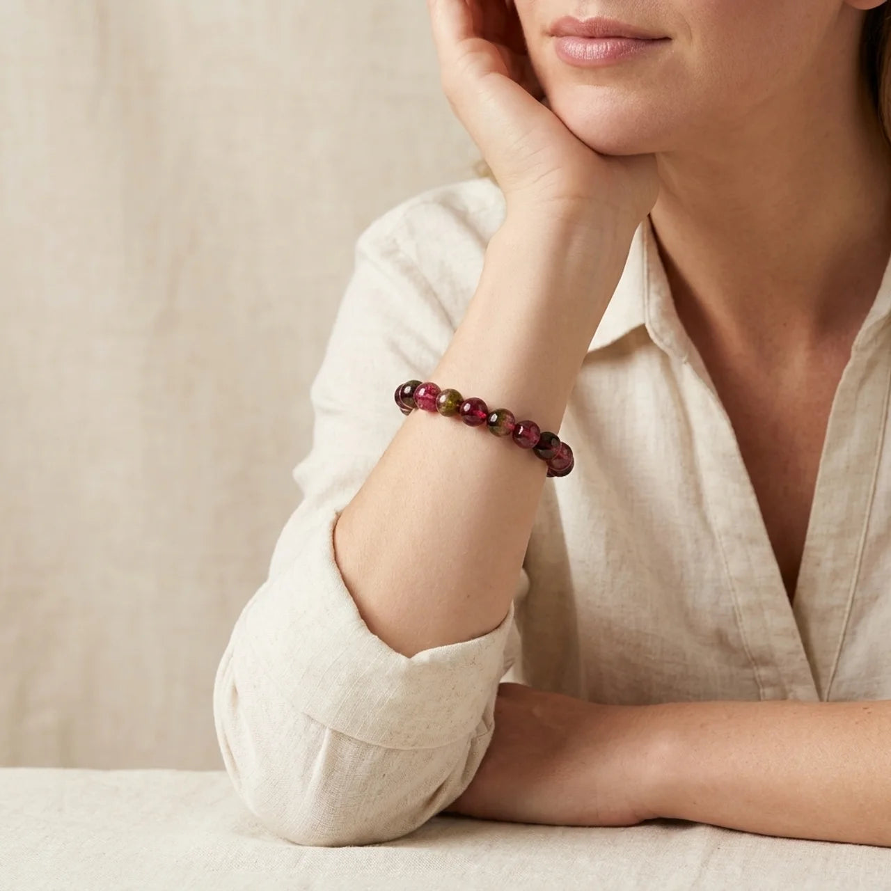 Natural Rainbow Tourmaline Beaded Bracelet