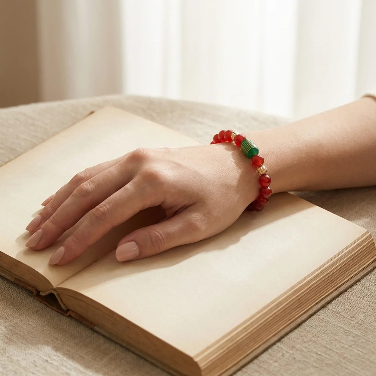Natural Red & Green Agate Heart Sutra Bracelet