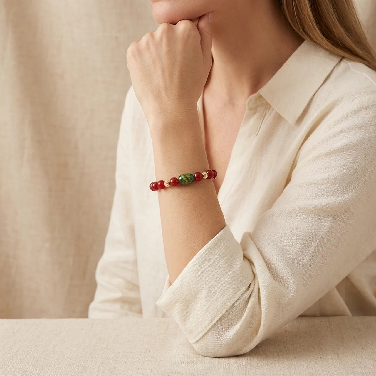Natural Red & Green Agate Heart Sutra Bracelet