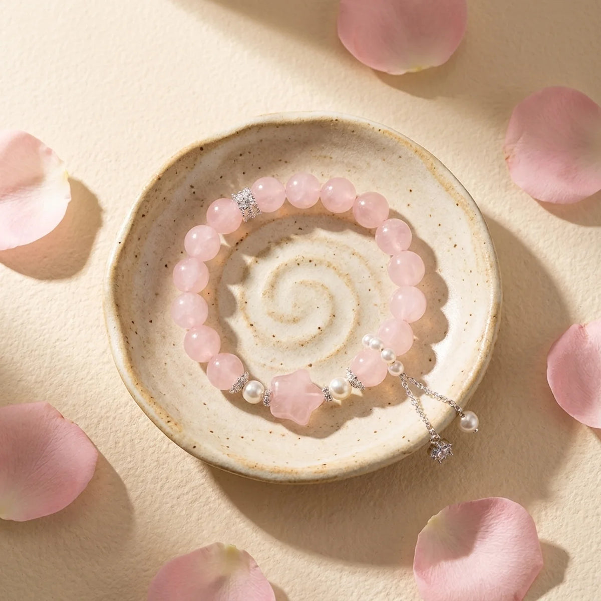 Bracelet en quartz rose naturel avec étoile
