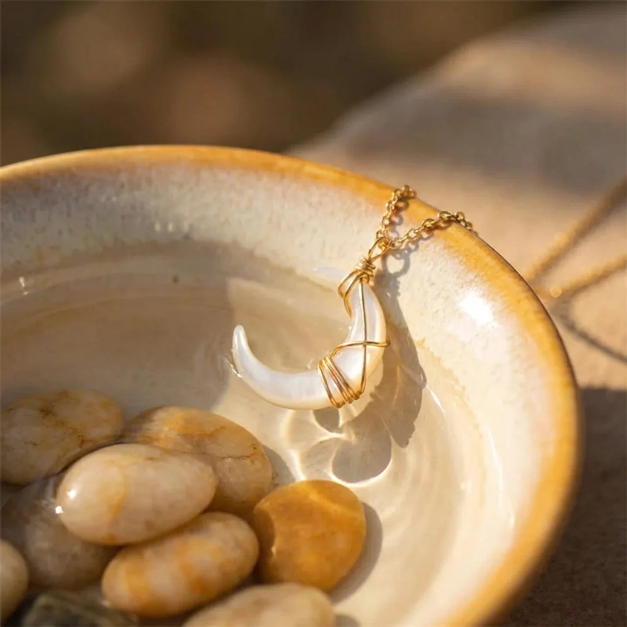 Natural Tridacna Crescent Moon Pendant Necklace