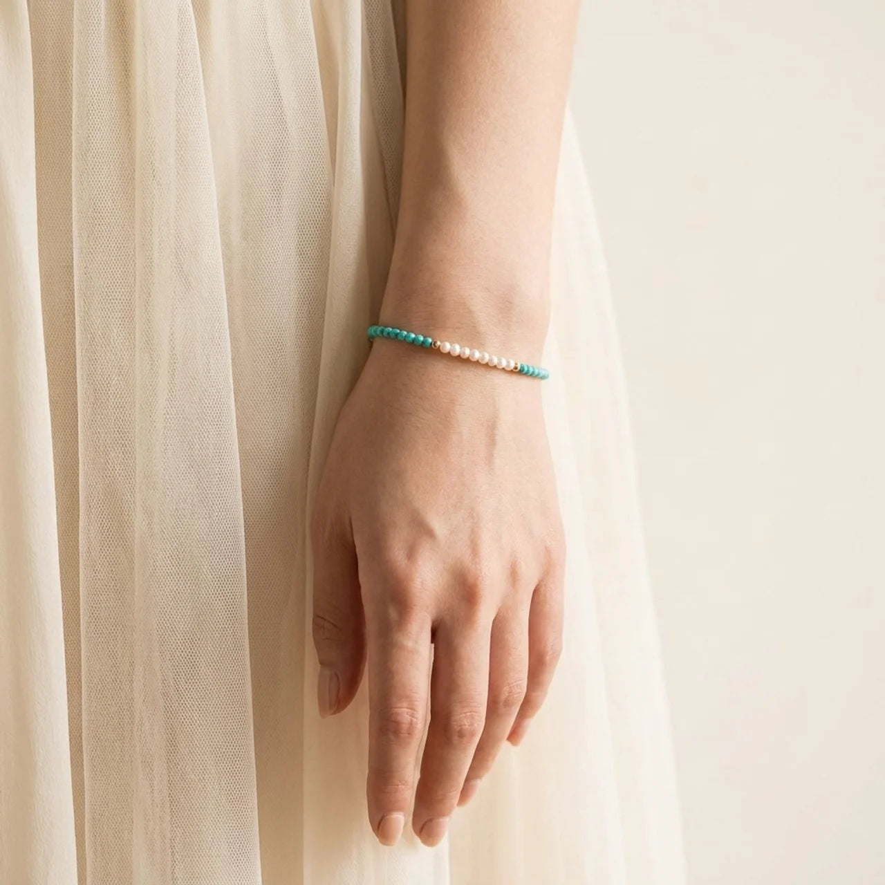 Natural Turquoise Pearl Silver Beaded Bracelet