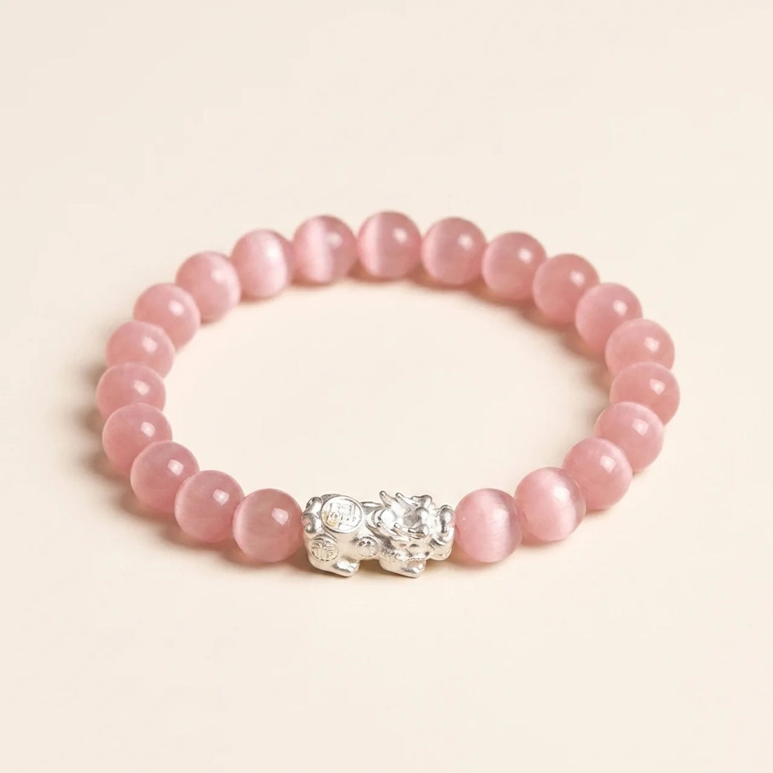 Natural White Cat's Eye Silver Pixiu Bracelet