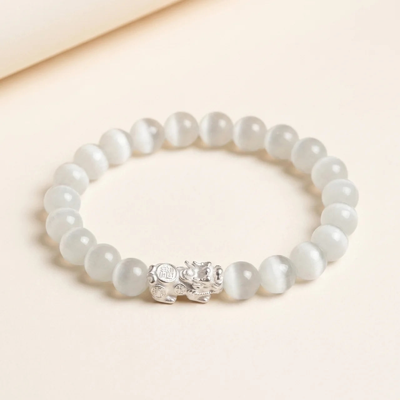 Natural White Cat's Eye Silver Pixiu Bracelet