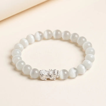 Natural White Cat's Eye Silver Pixiu Bracelet