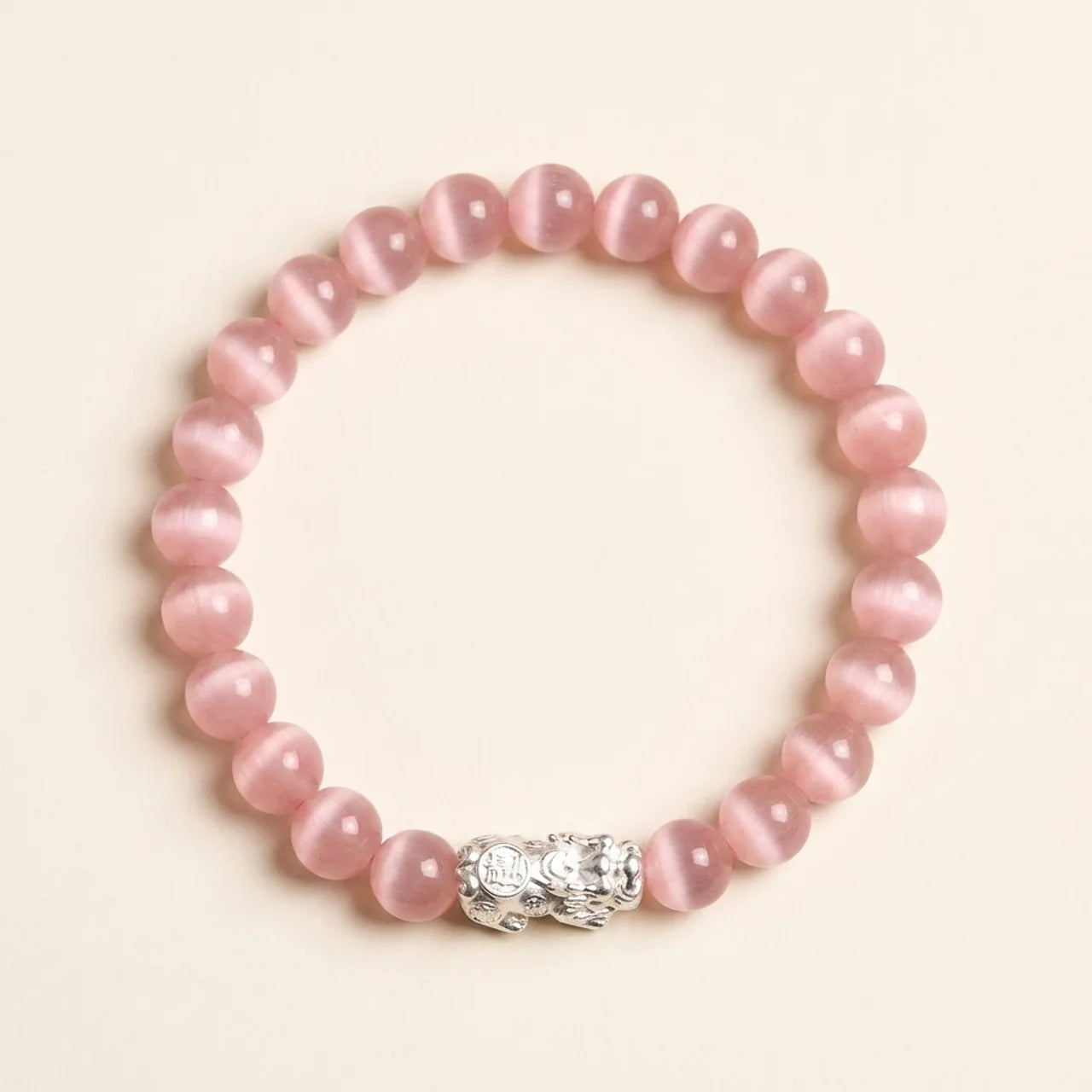 Natural White Cat's Eye Silver Pixiu Bracelet