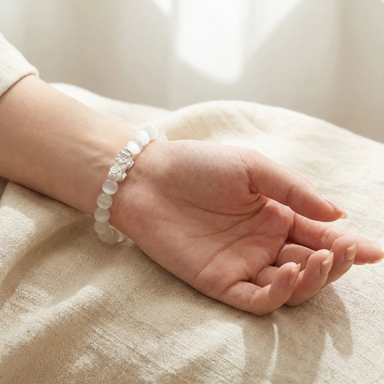 Natural White Cat's Eye Silver Pixiu Bracelet