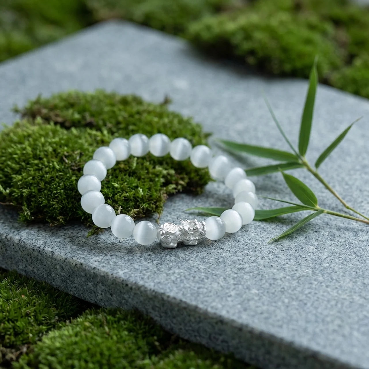 Natural White Cat's Eye Silver Pixiu Bracelet