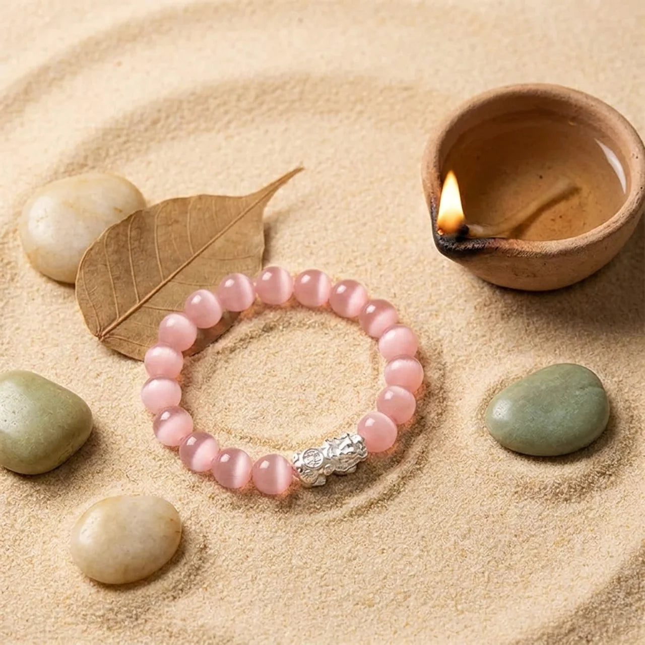 Natural White Cat's Eye Silver Pixiu Bracelet