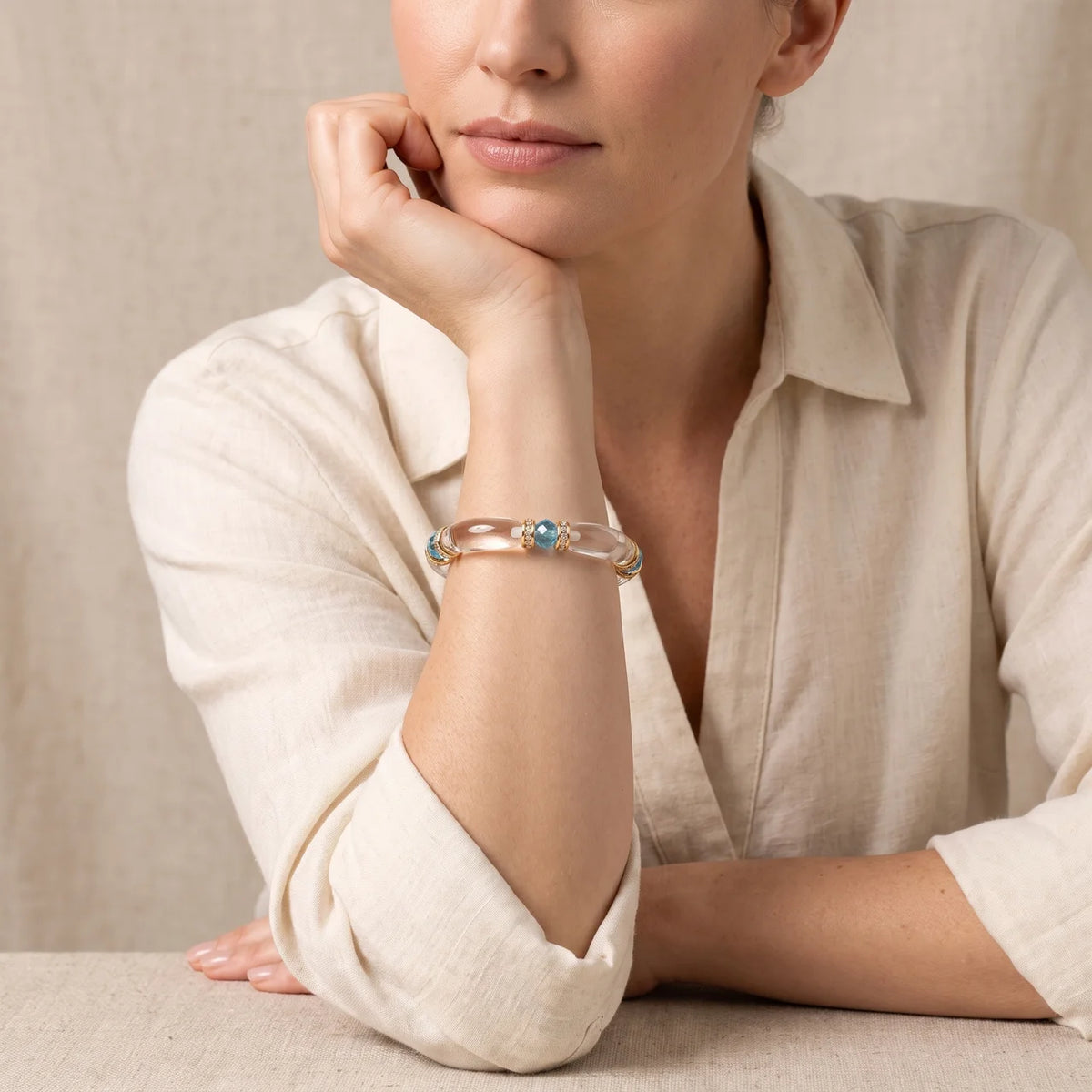 Natural White Crystal and Blue Topaz Bracelet