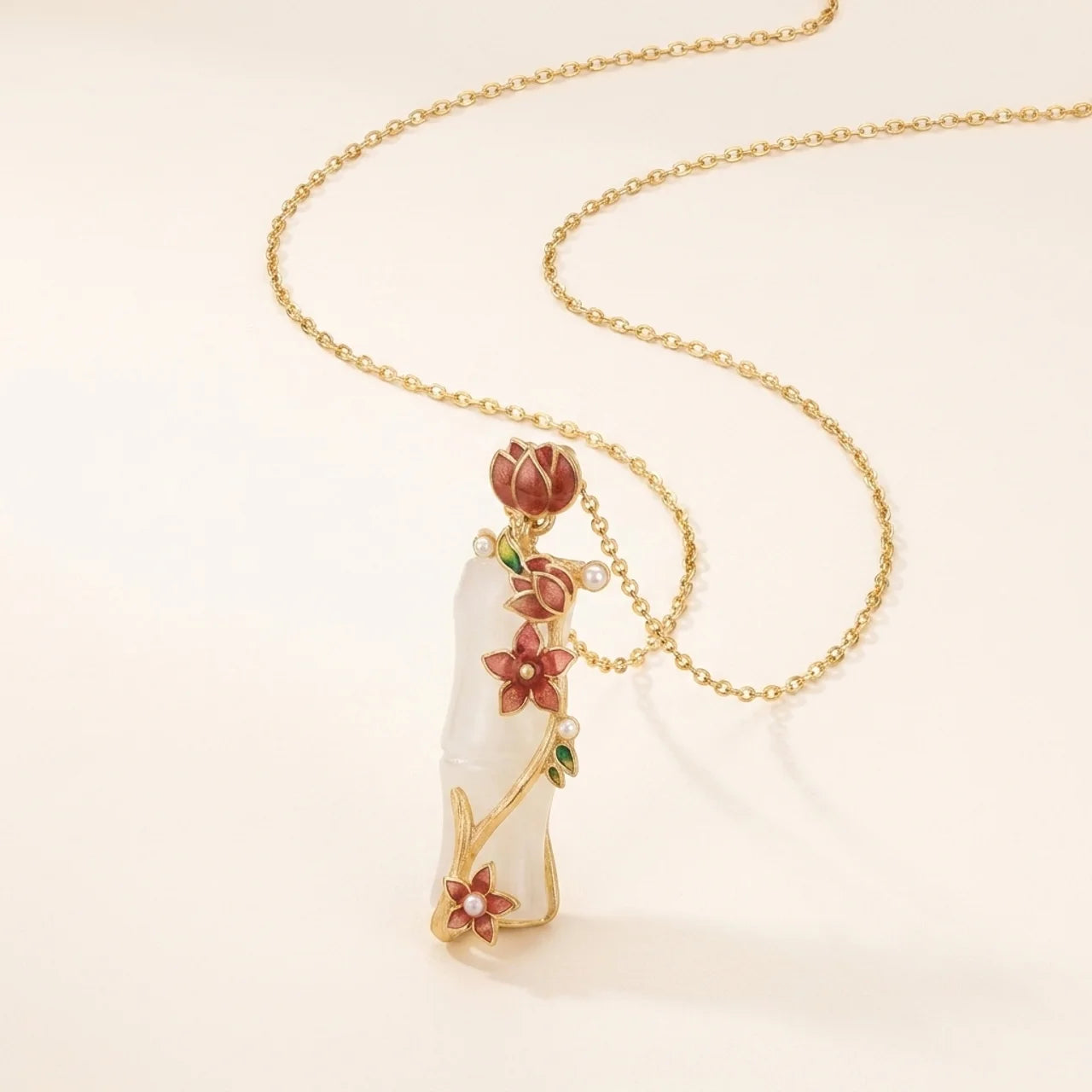 Natural White Jade Bamboo Lotus Pendant Necklace