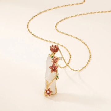 Natural White Jade Bamboo Lotus Pendant Necklace