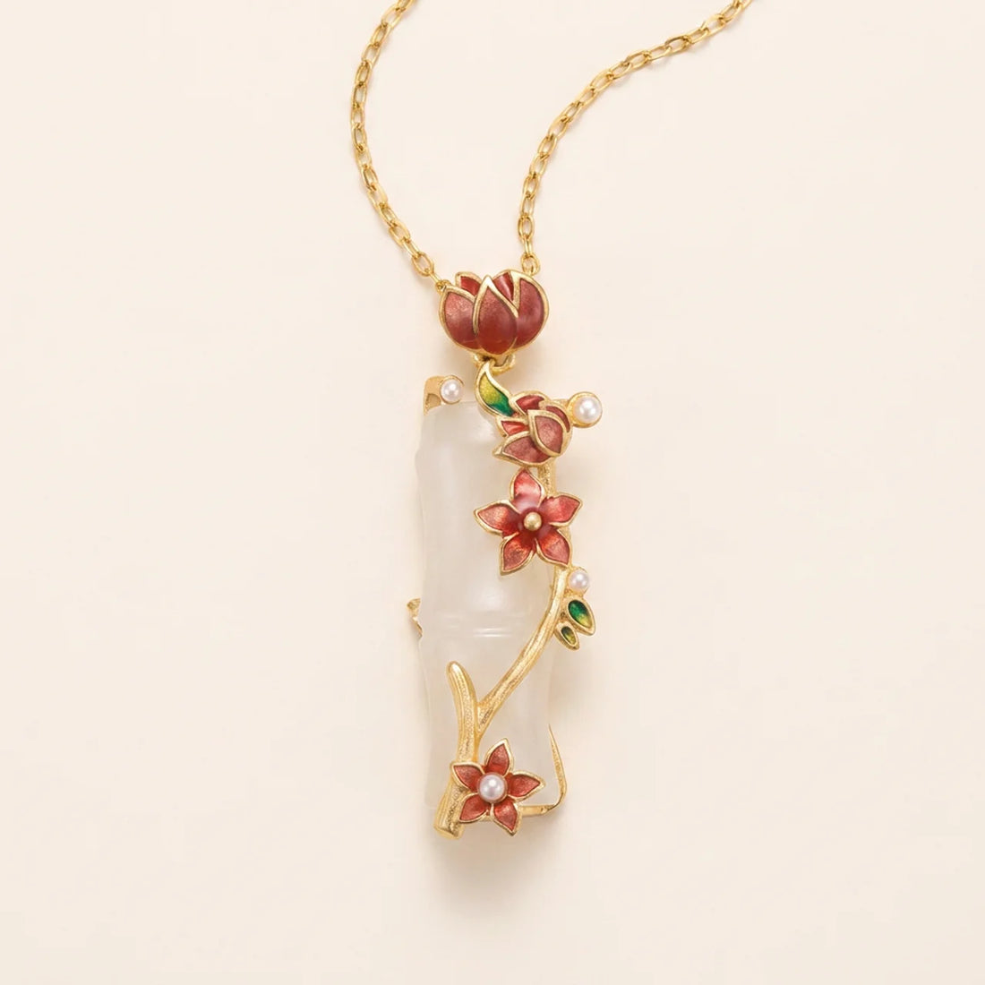 Natural White Jade Bamboo Lotus Pendant Necklace