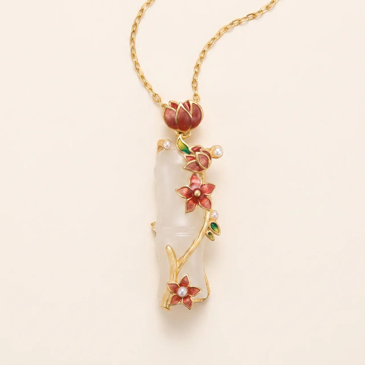 Natural White Jade Bamboo Lotus Pendant Necklace