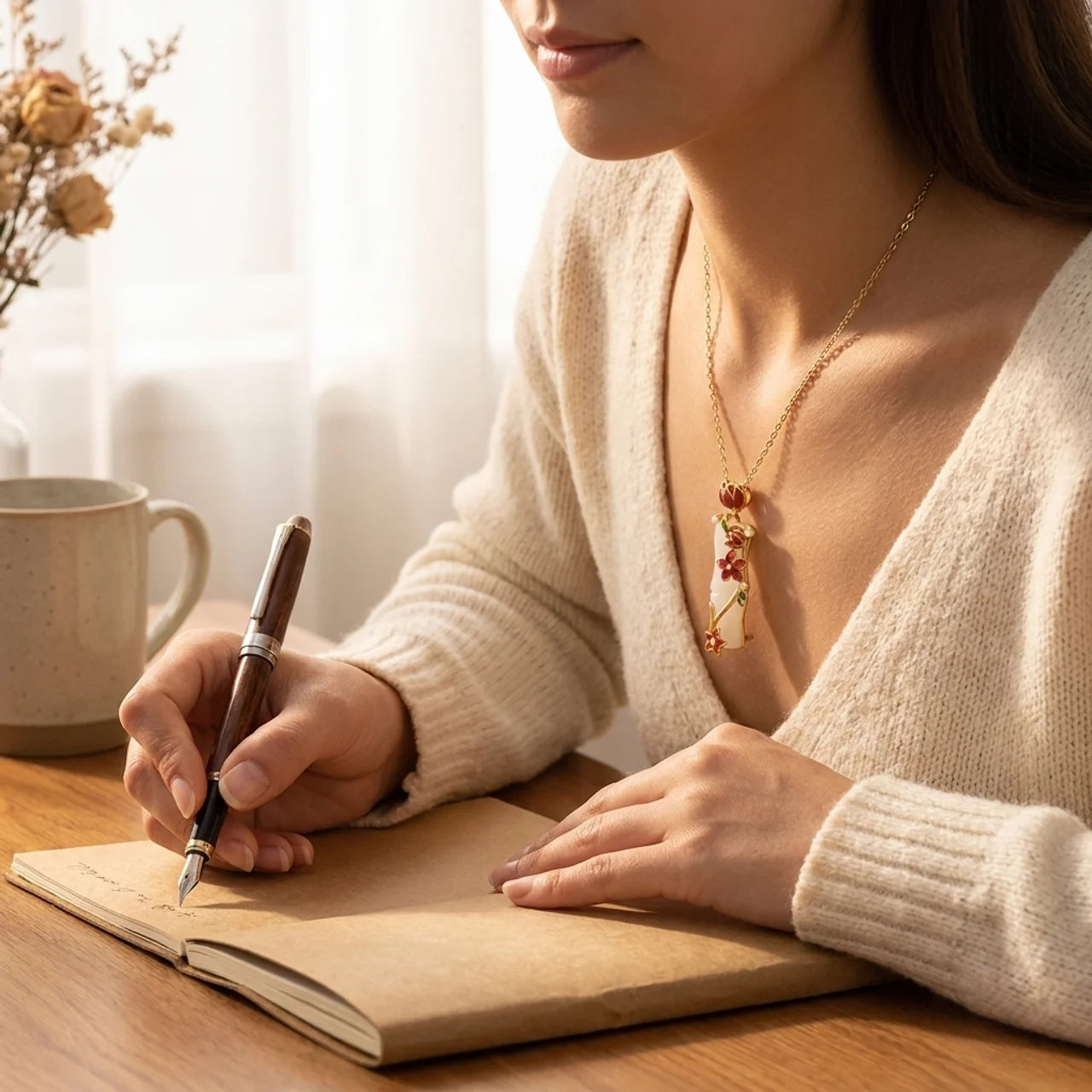 Natural White Jade Bamboo Lotus Pendant Necklace