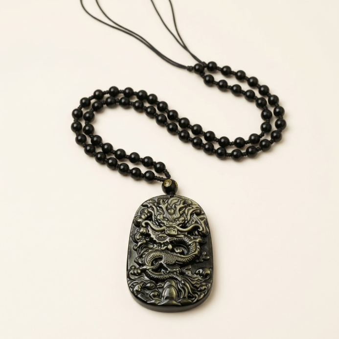 Natürliche Schwarze Obsidian Drachen Anhänger-Halskette