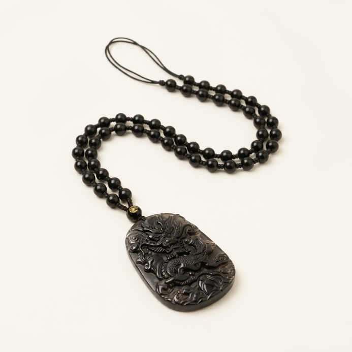 Natürliche Schwarze Obsidian Drachen Anhänger-Halskette