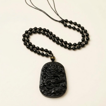 Natürliche Schwarze Obsidian Drachen Anhänger-Halskette