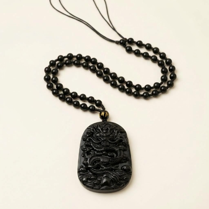 Natürliche Schwarze Obsidian Drachen Anhänger-Halskette