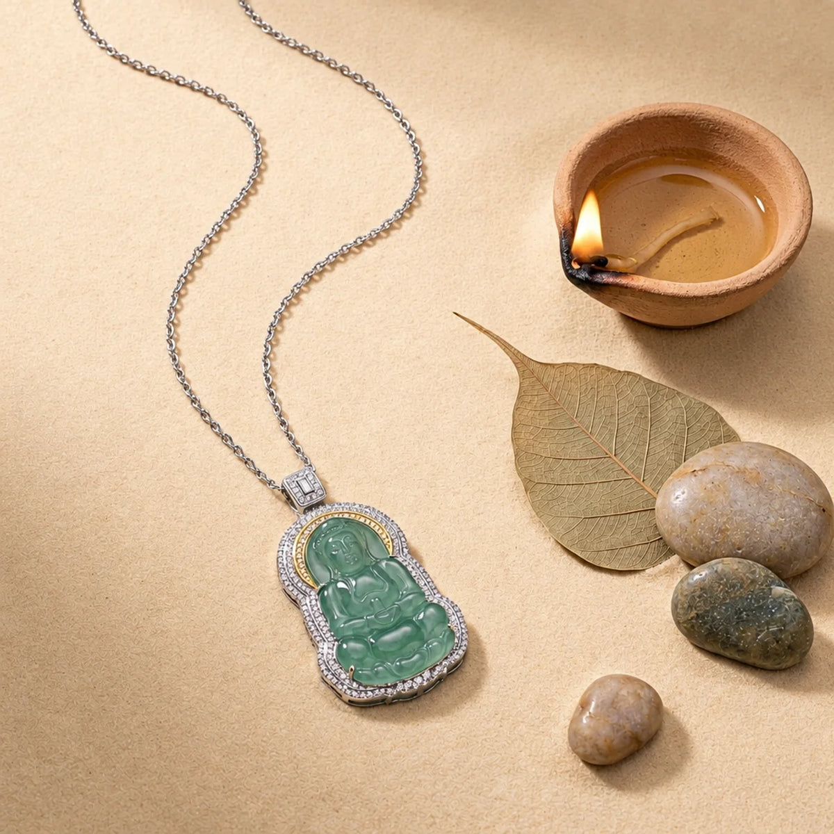 Natural Blue-Water Jade Guanyin Pendant Necklace