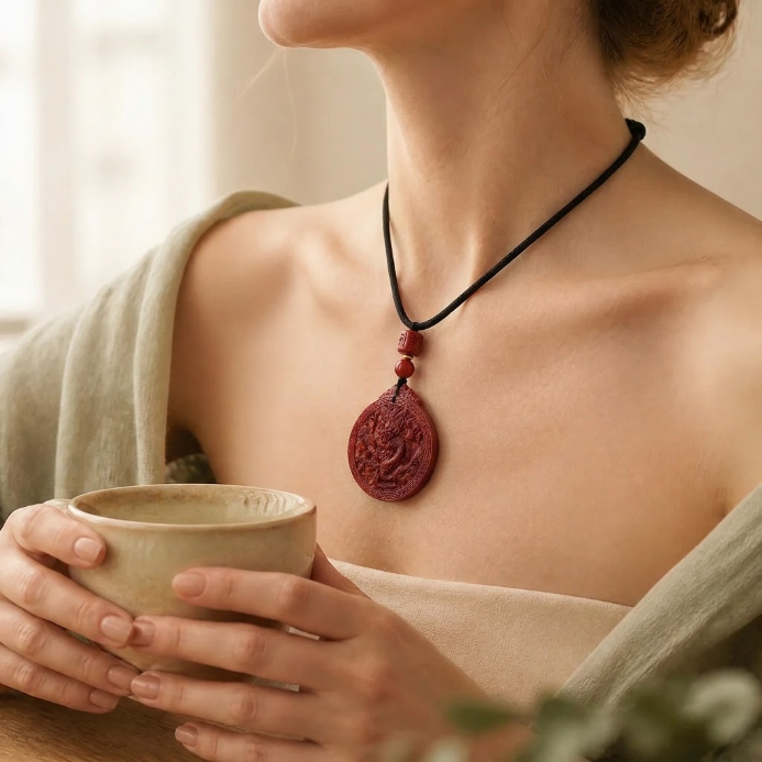 Collier pendentif dragon en cinabre naturel