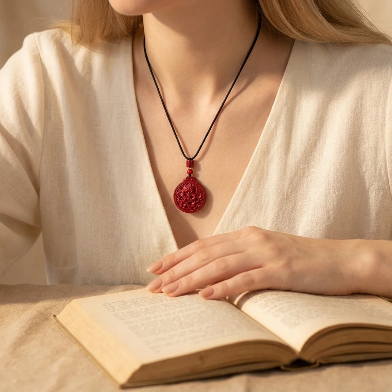 Natural Cinnabar Dragon Pendant Necklace