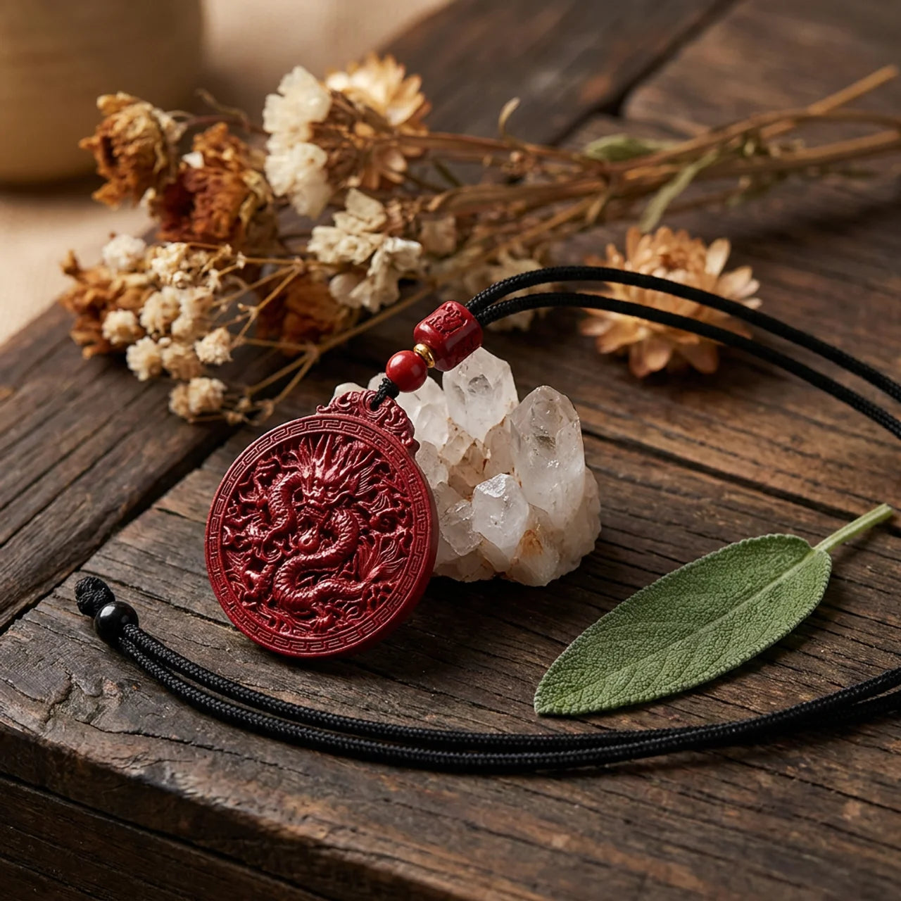 Natural Cinnabar Dragon Pendant Necklace