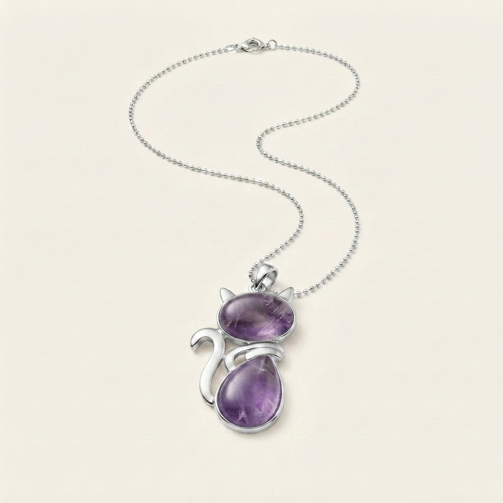 Natural Crystal Cute Cat Pendant Necklace