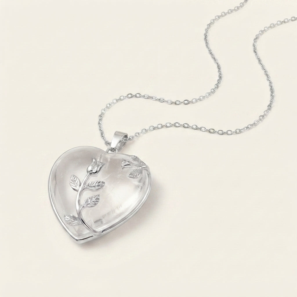 Natural Crystal Heart Pendant Necklace