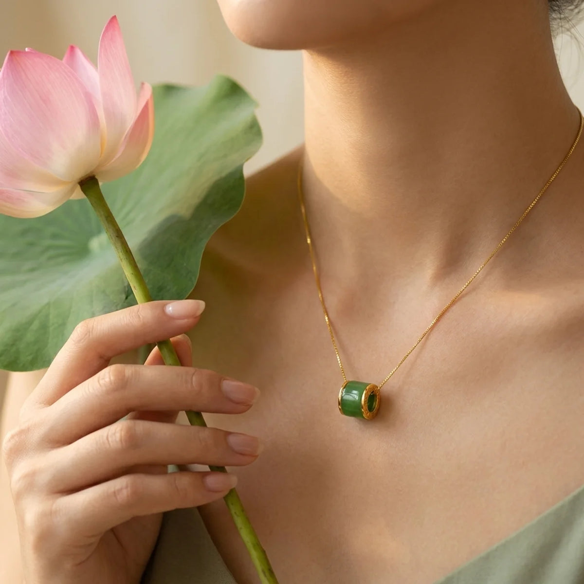 Natural Cyan Jade Round Luck Pendant Necklace