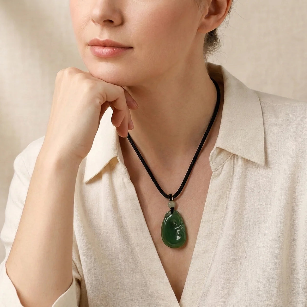 Natural Green Jade Cloud Pendant Necklace