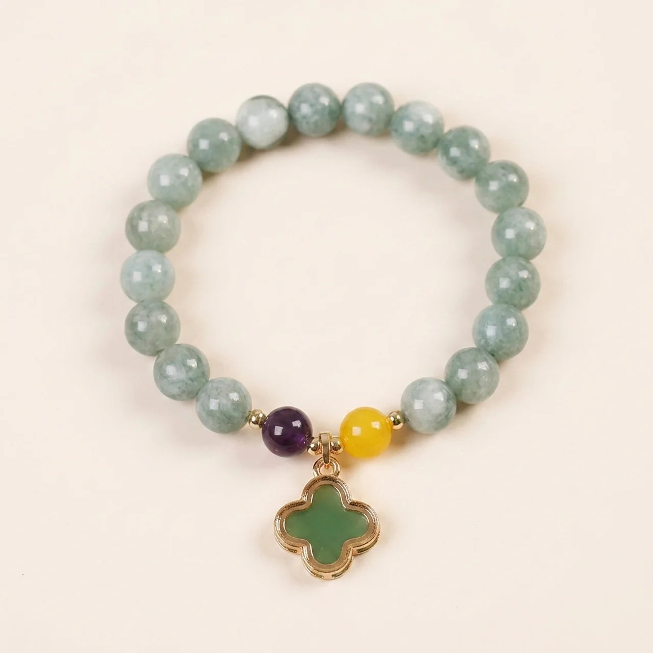 Natural Jade Clover Leaf Elastic Stretch Bracelet