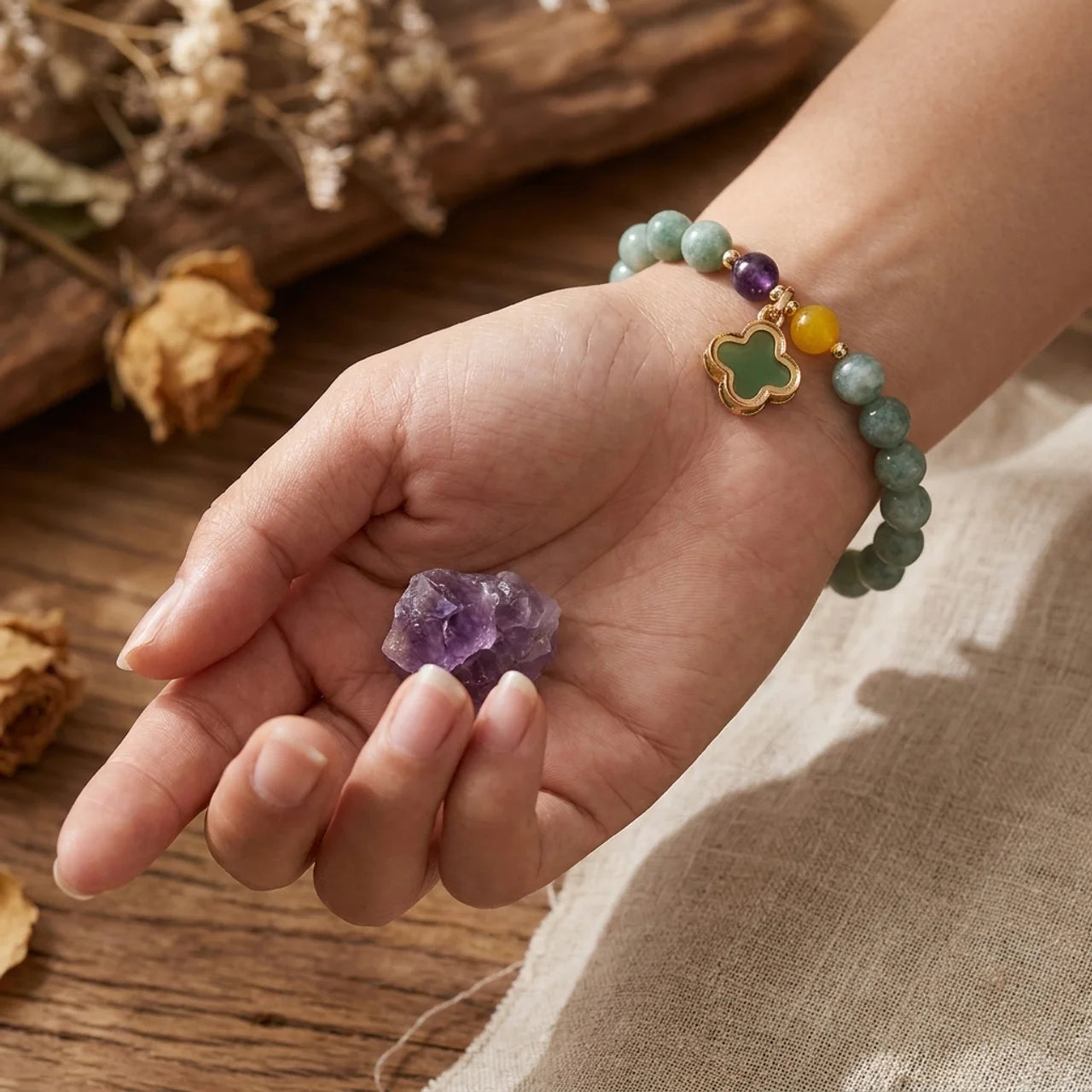 Natural Jade Clover Leaf Elastic Stretch Bracelet
