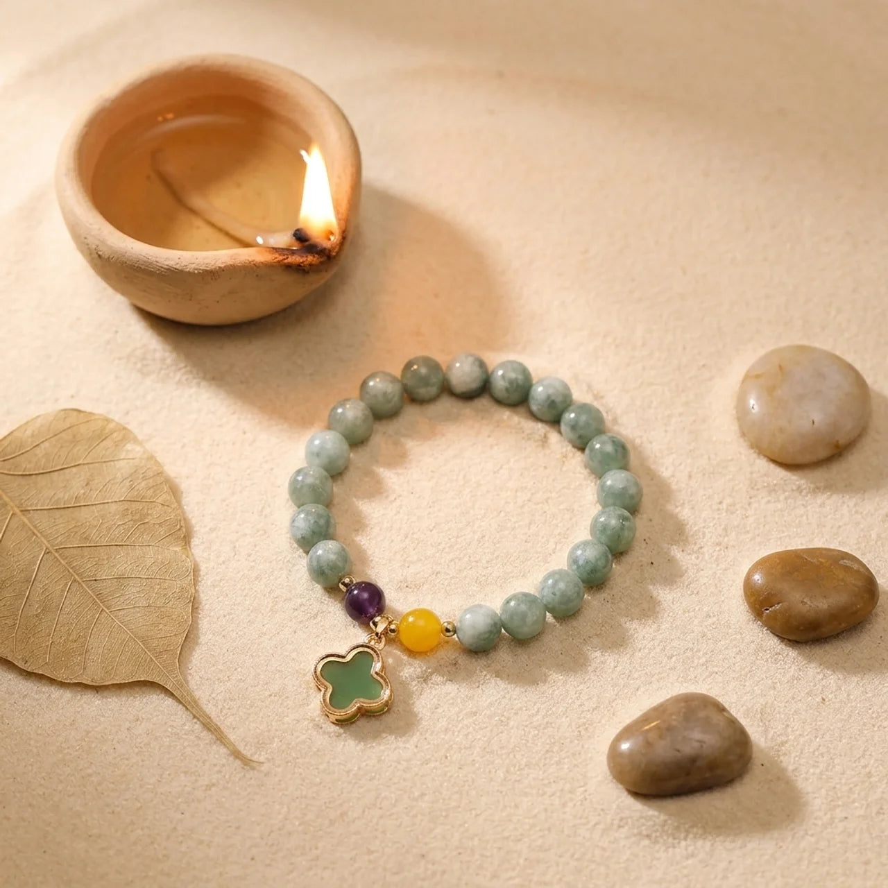 Natural Jade Clover Leaf Elastic Stretch Bracelet