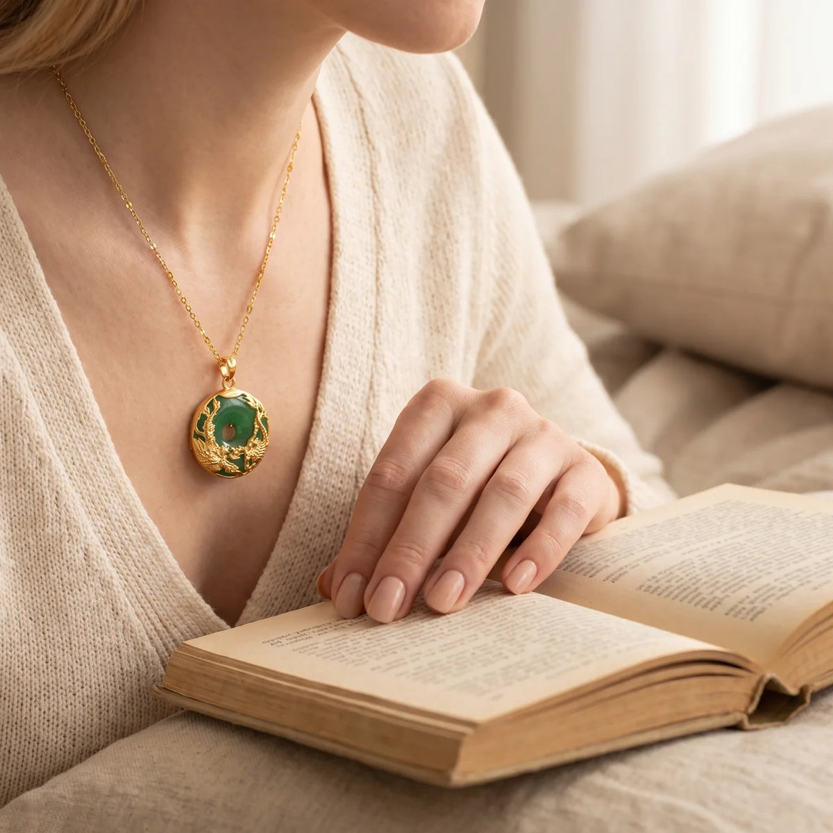 Collier Dragon et Phénix en Jade Naturel