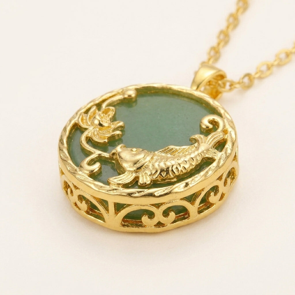 Natural Jade Koi Fish Lucky Pendant Necklace