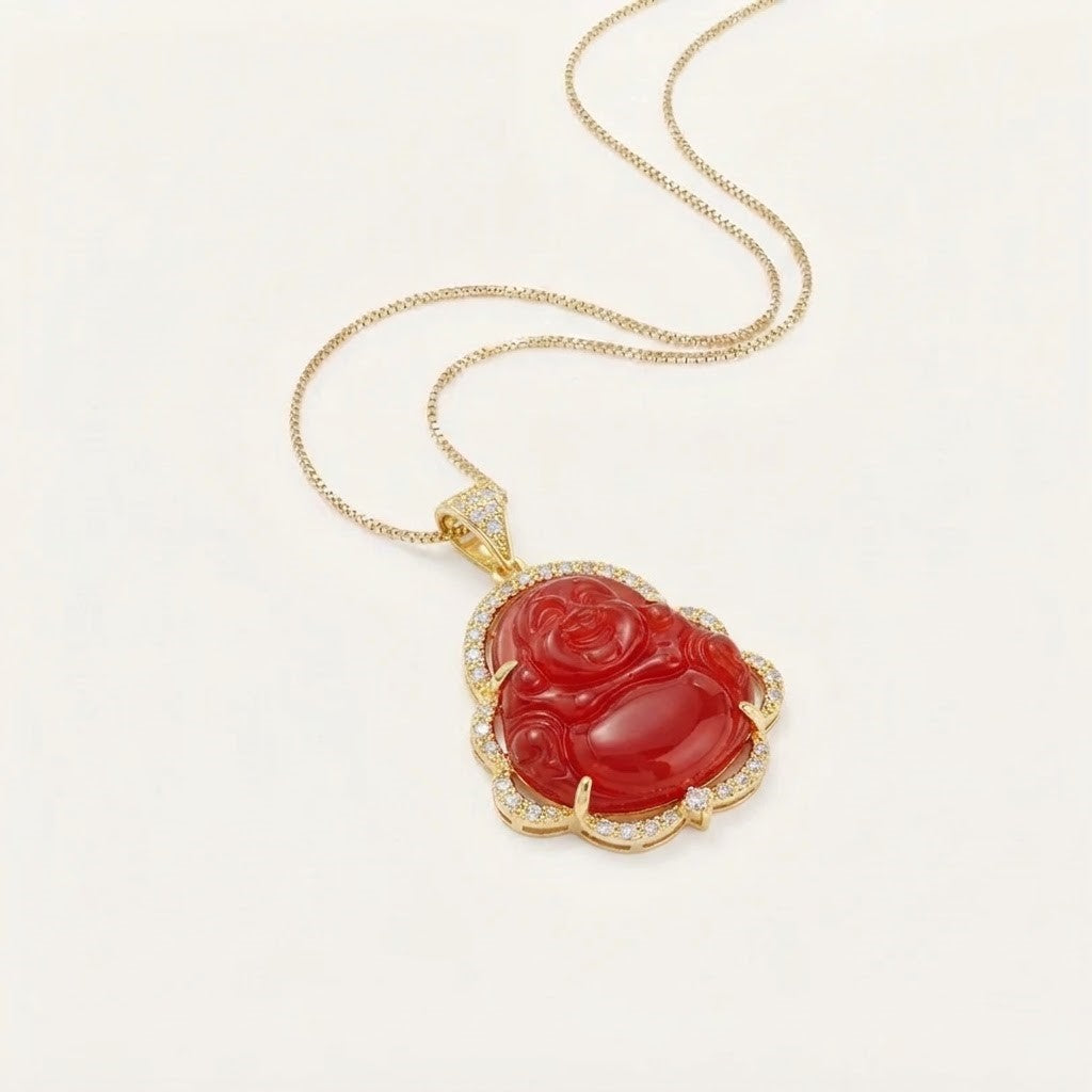 Halsband med skrattande Buddha av jade