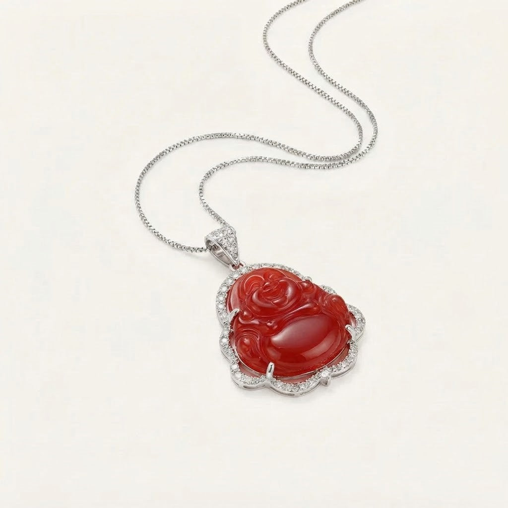 Halsband med skrattande Buddha av jade
