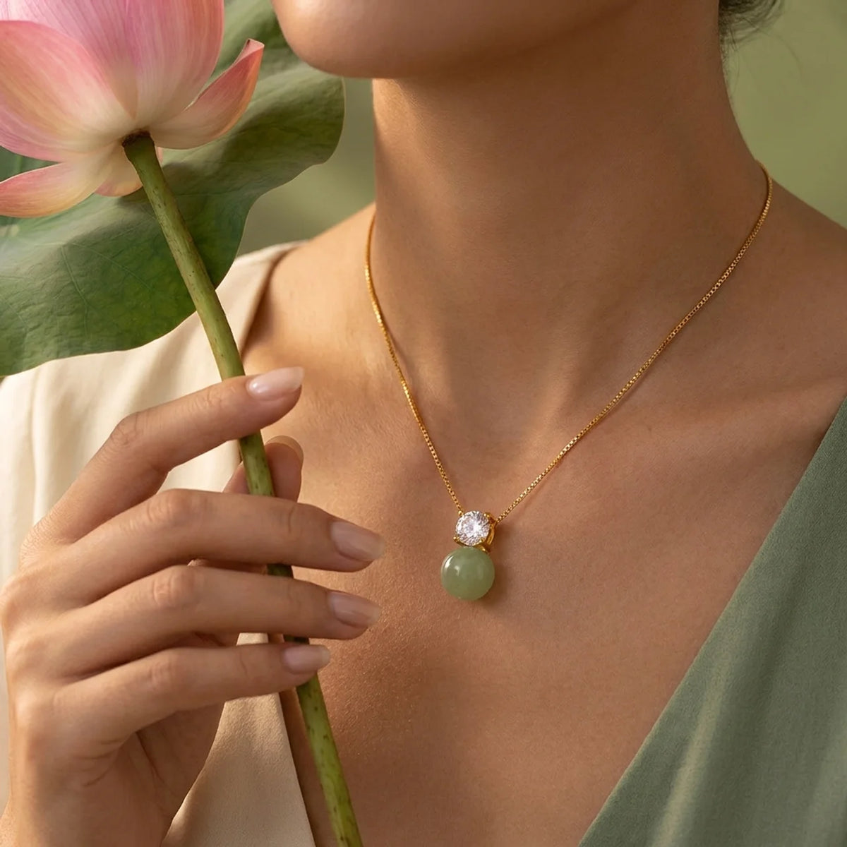 Halsband med lyckopärla av naturlig jade