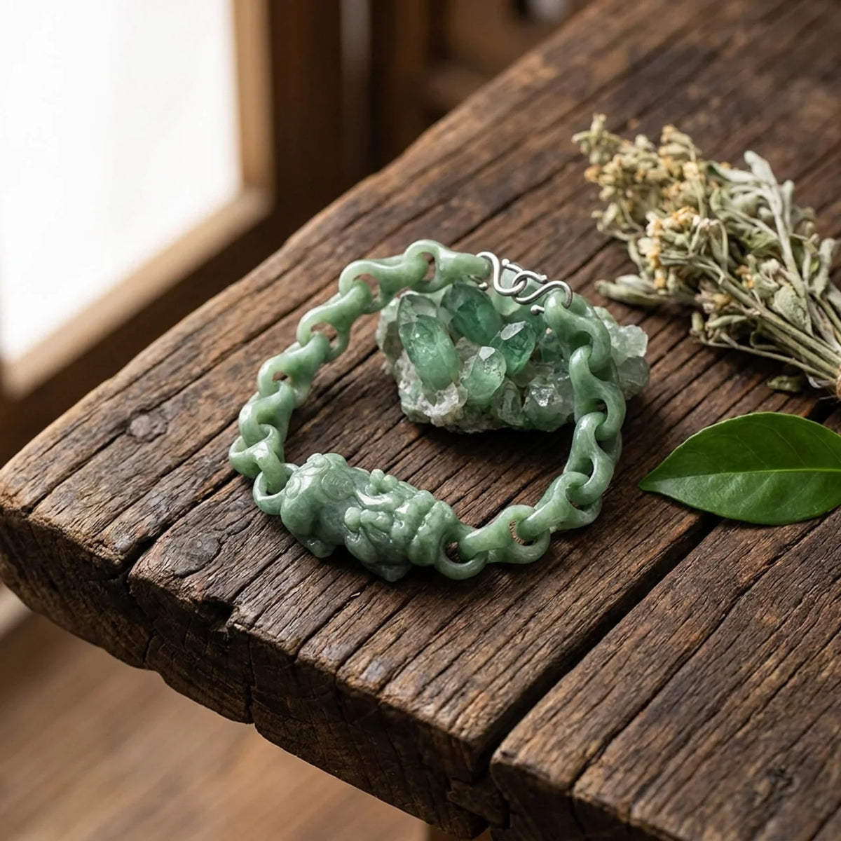 Pixiu-Armband aus natürlicher Jade mit ineinandergreifenden Gliedern