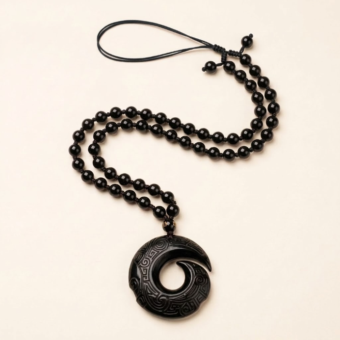 Collier Pendentif Boucle de Paix en Obsidienne Naturelle