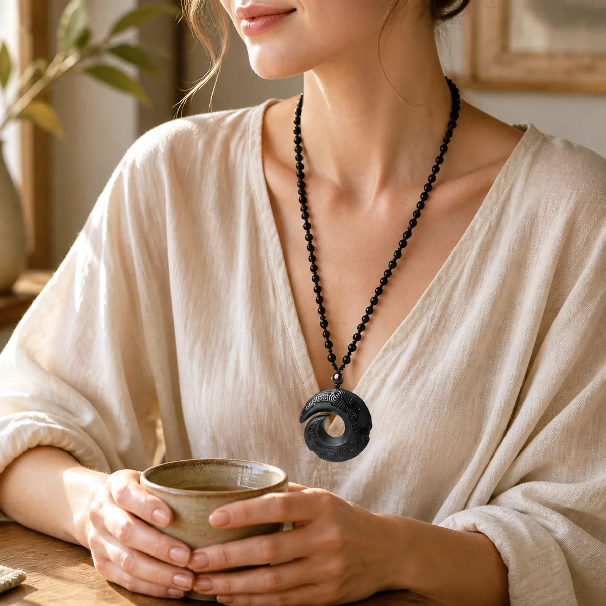 Collier Pendentif Boucle de Paix en Obsidienne Naturelle