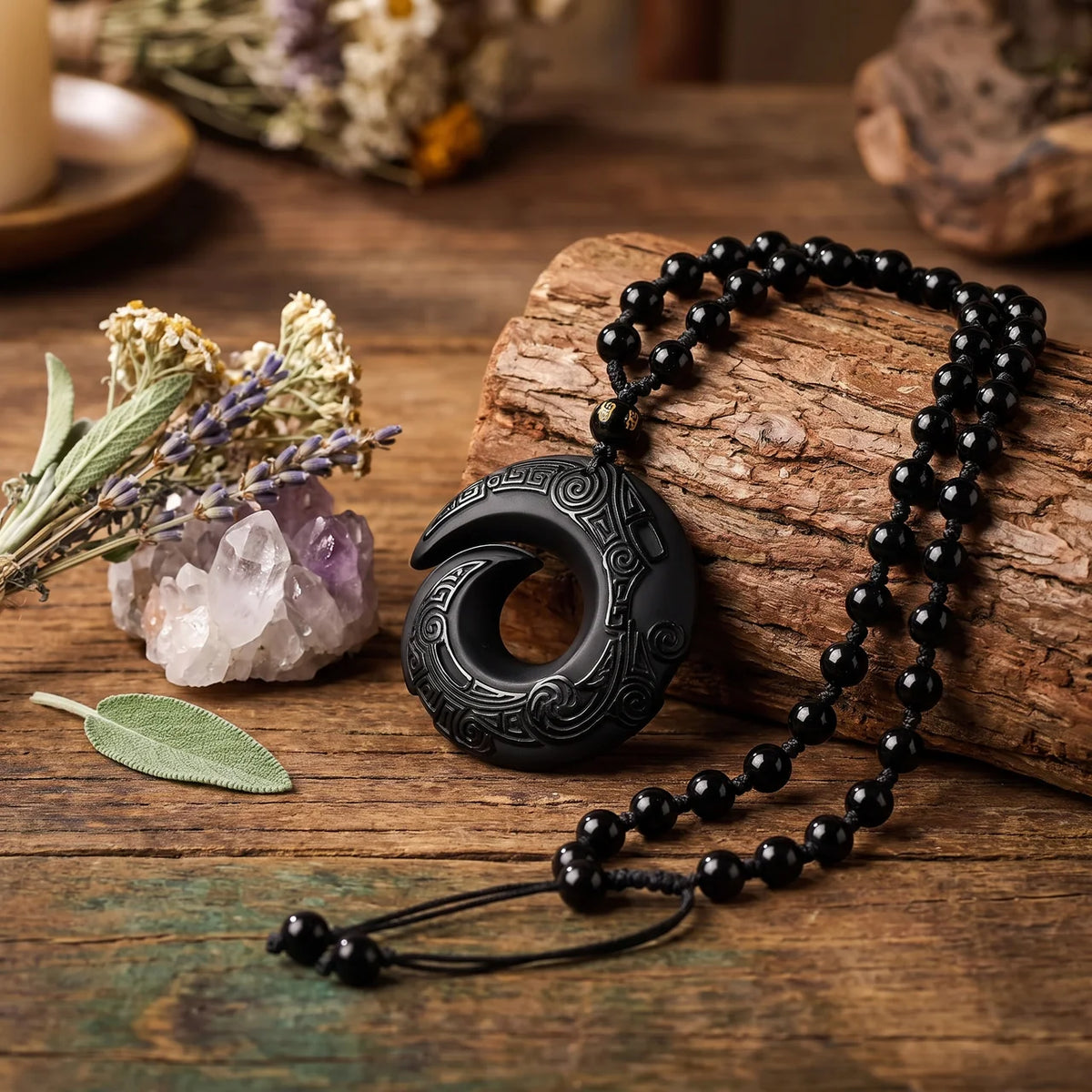 Collier Pendentif Boucle de Paix en Obsidienne Naturelle