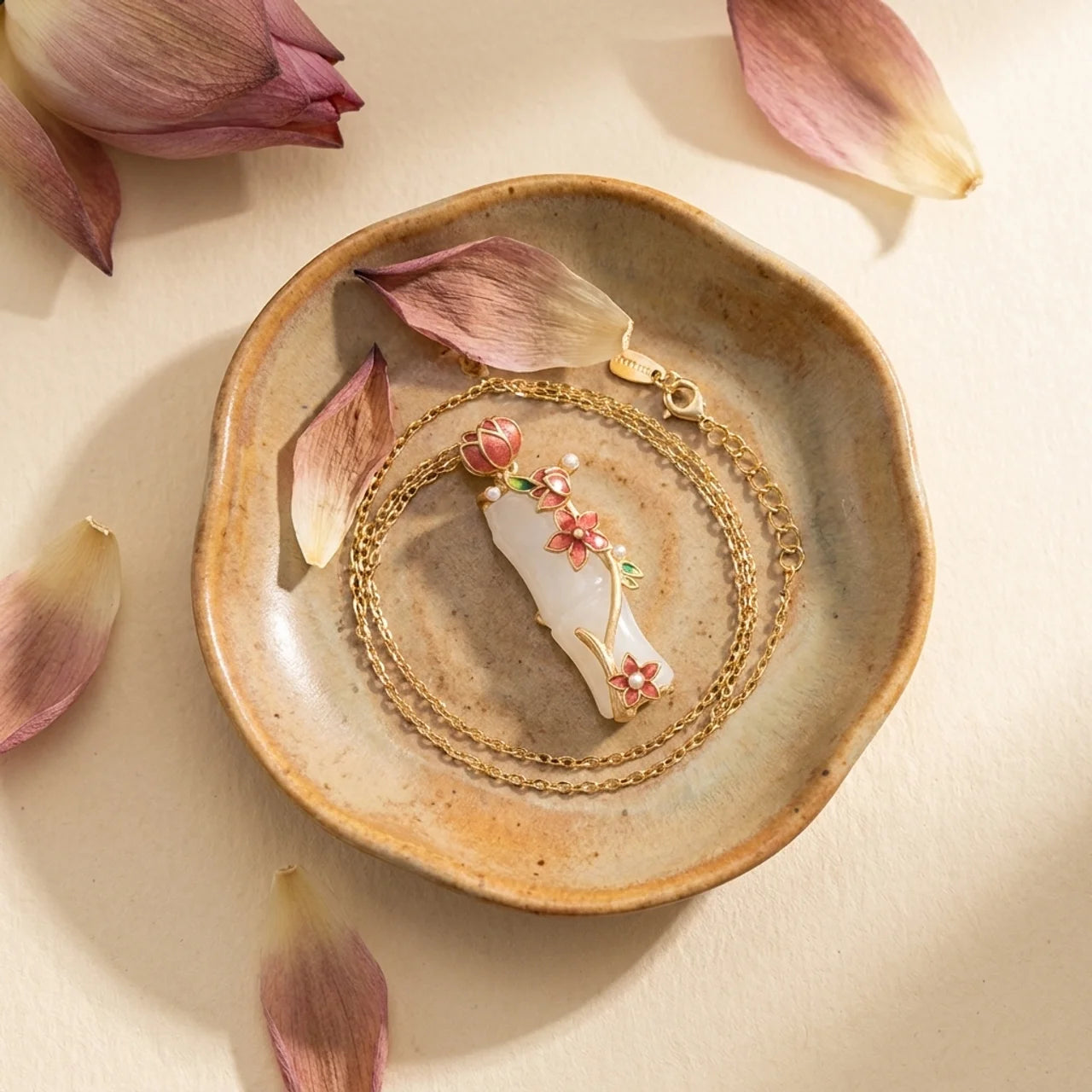 Natural White Jade Bamboo Lotus Pendant Necklace