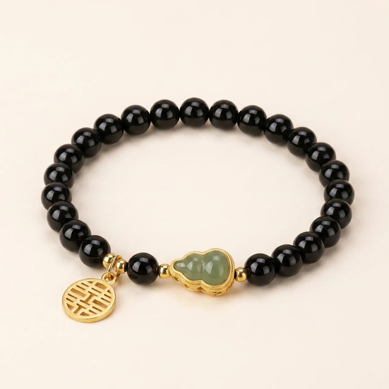 Obsidian Jade Gourd Double Happiness Bracelet